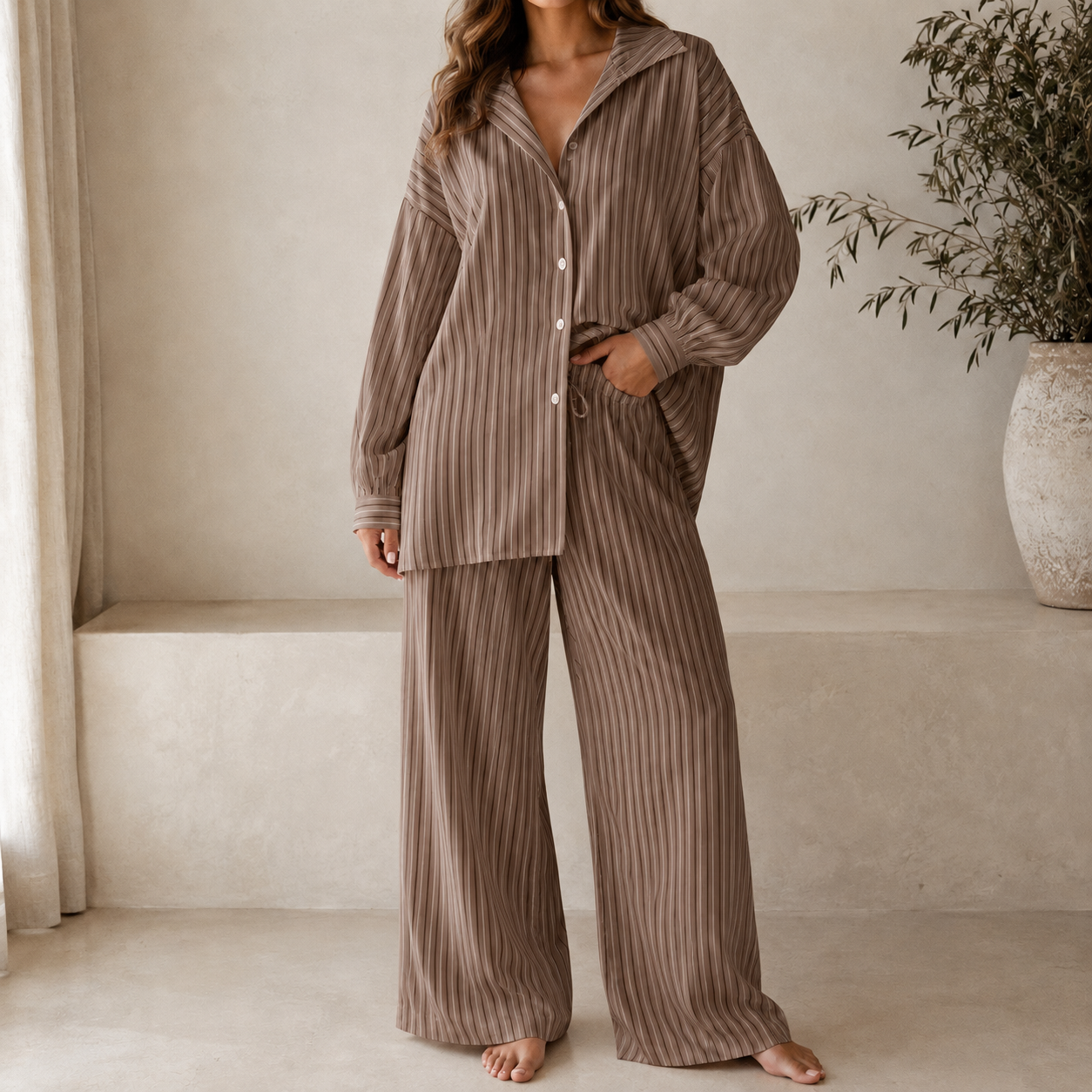Cocoa brown relaxed striped lounge set model view