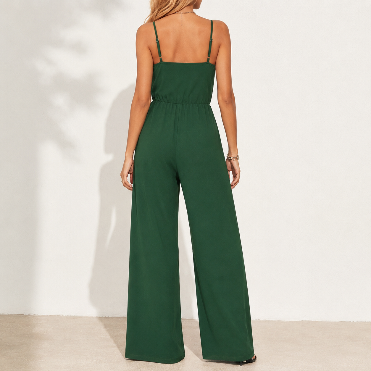 Forest Green cowl neck wide leg jumpsuit back view