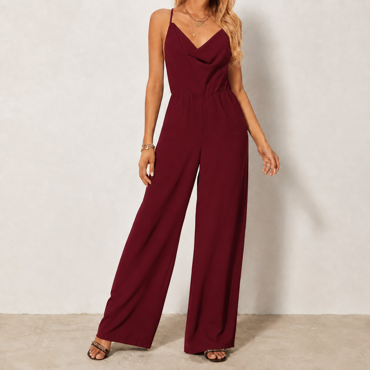 Burgundy cowl neck wide leg jumpsuit front view