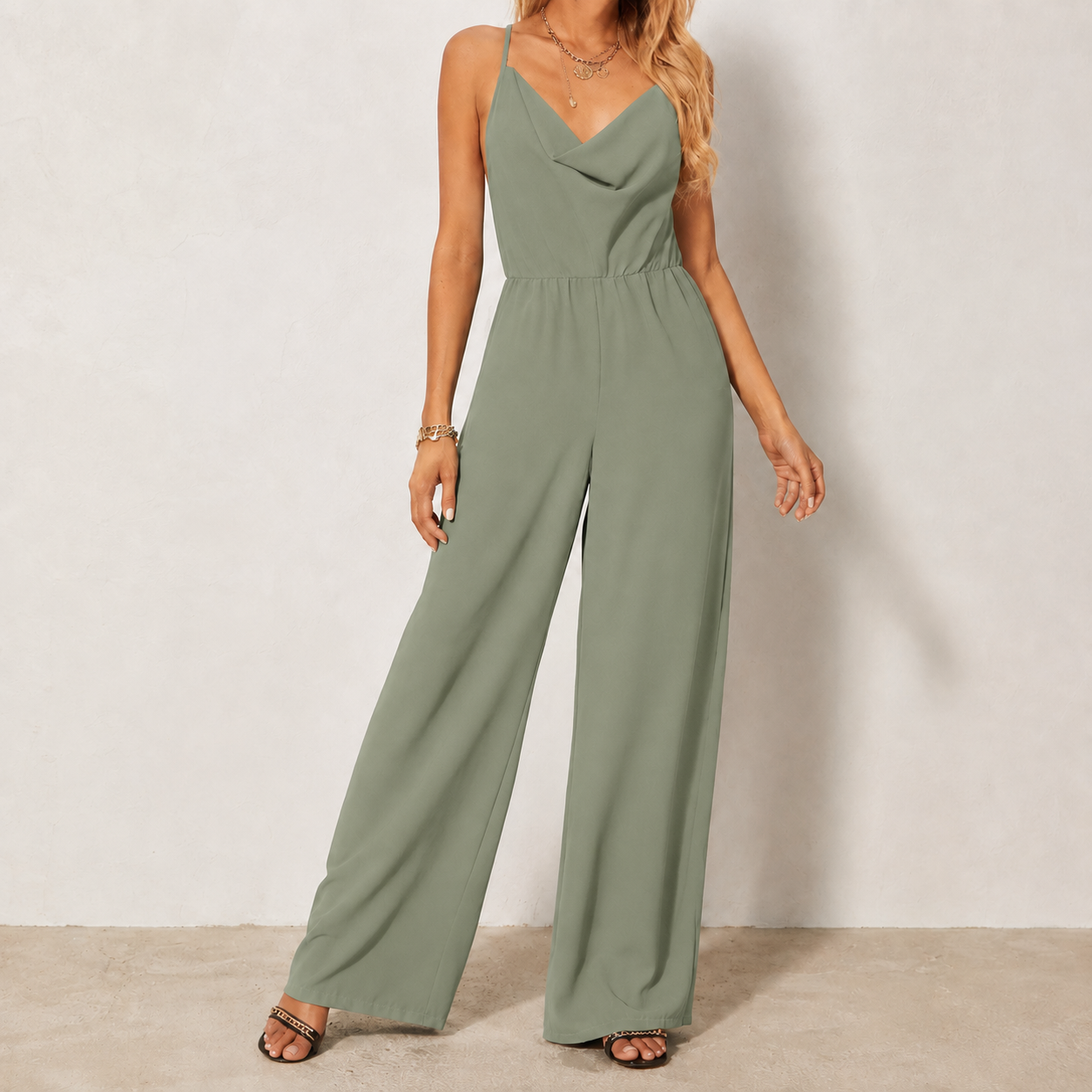 Sage Green cowl neck wide leg jumpsuit front view
