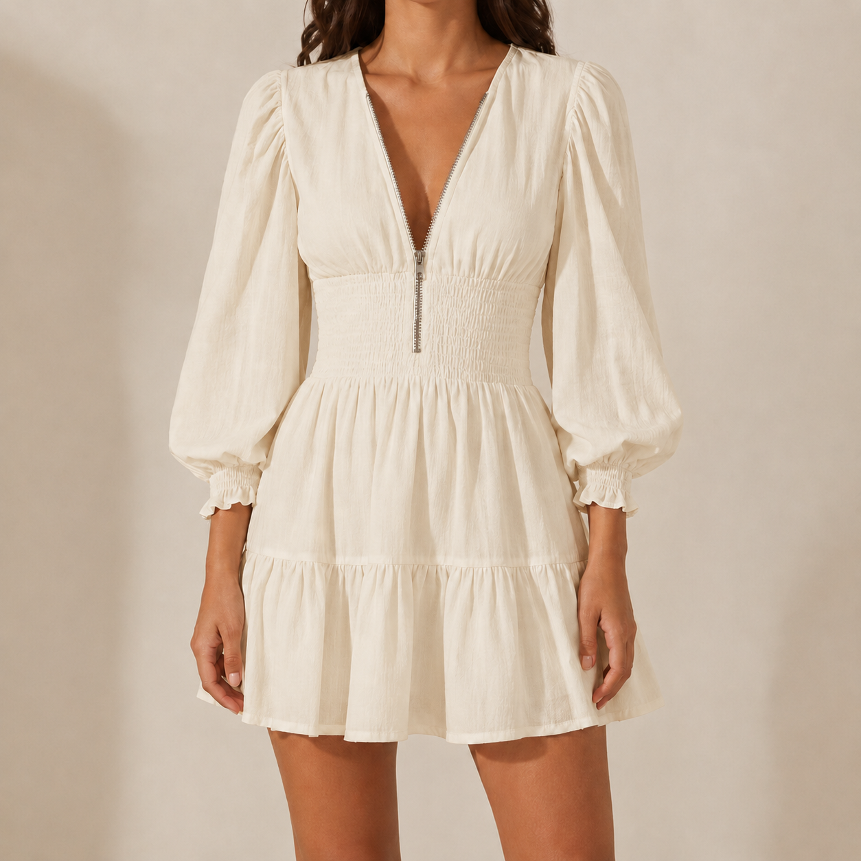 Ivory Cream V-neck smocked waist mini dress
