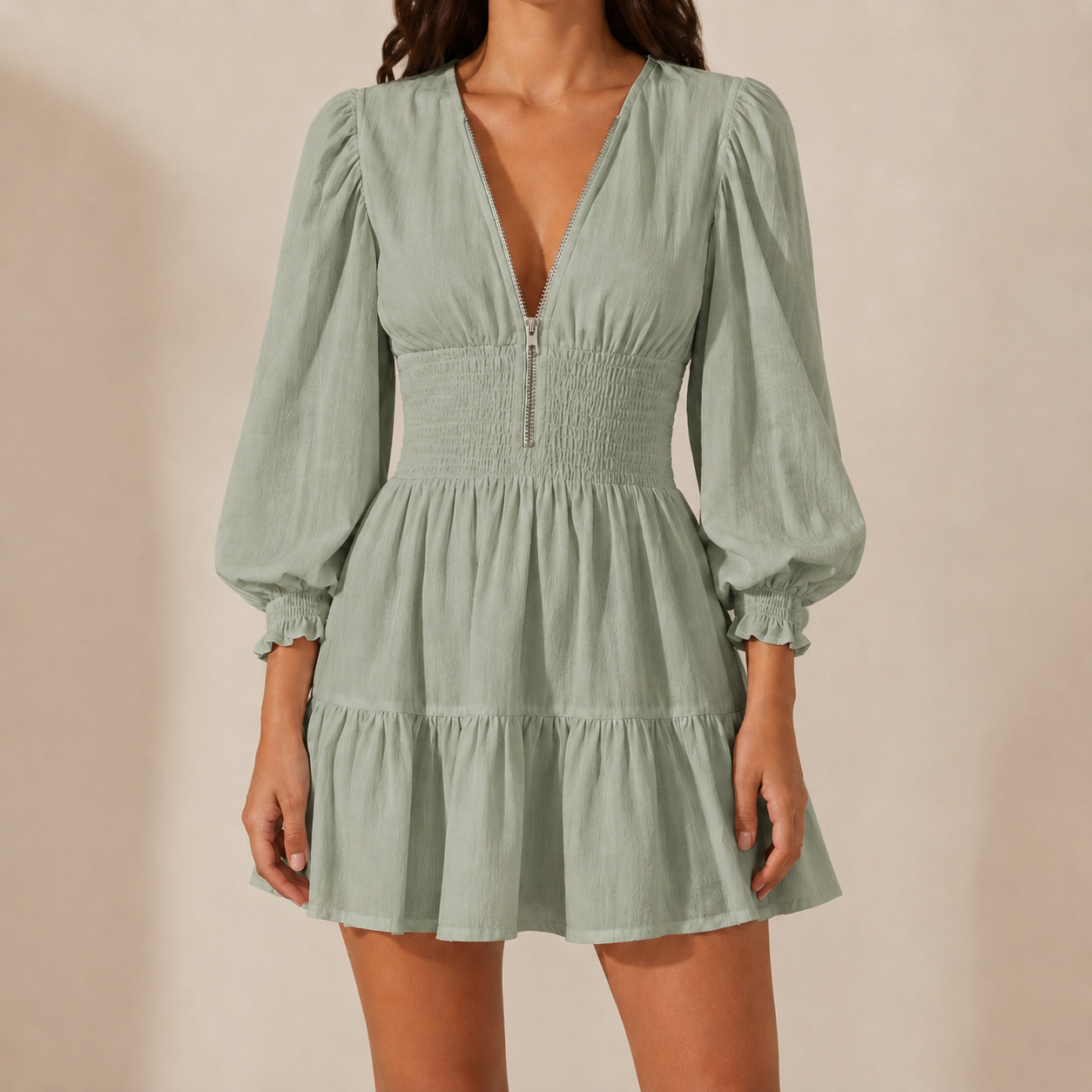 Sage Green V-neck smocked waist mini dress