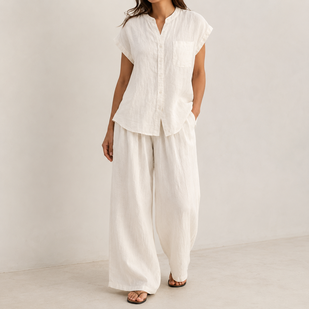 Natural Ivory relaxed two-piece woven set front view