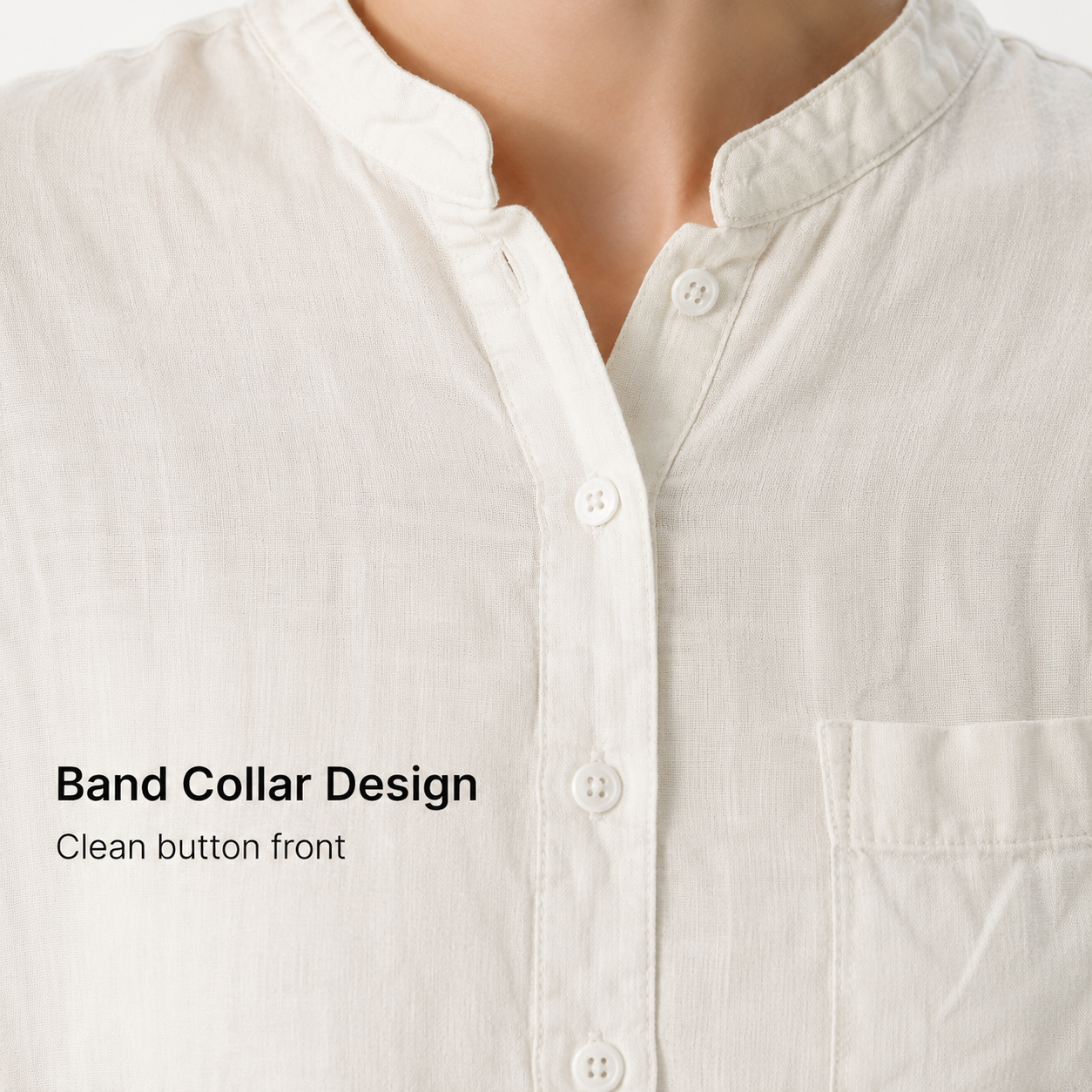 Band collar button front and chest pocket detail
