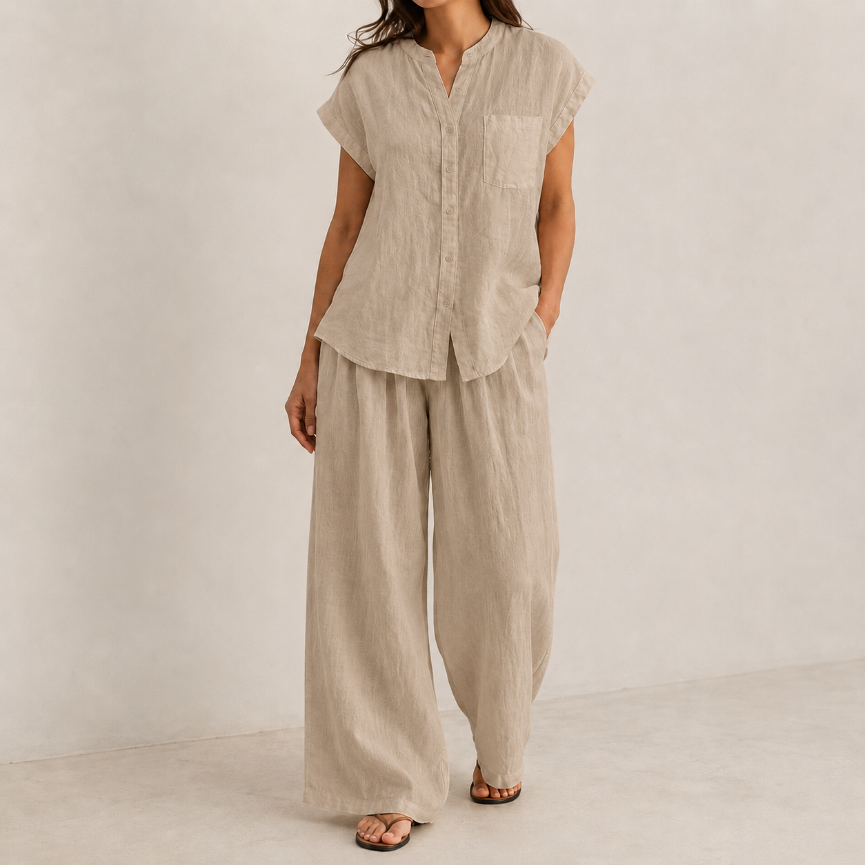 Sand Taupe relaxed two-piece woven set