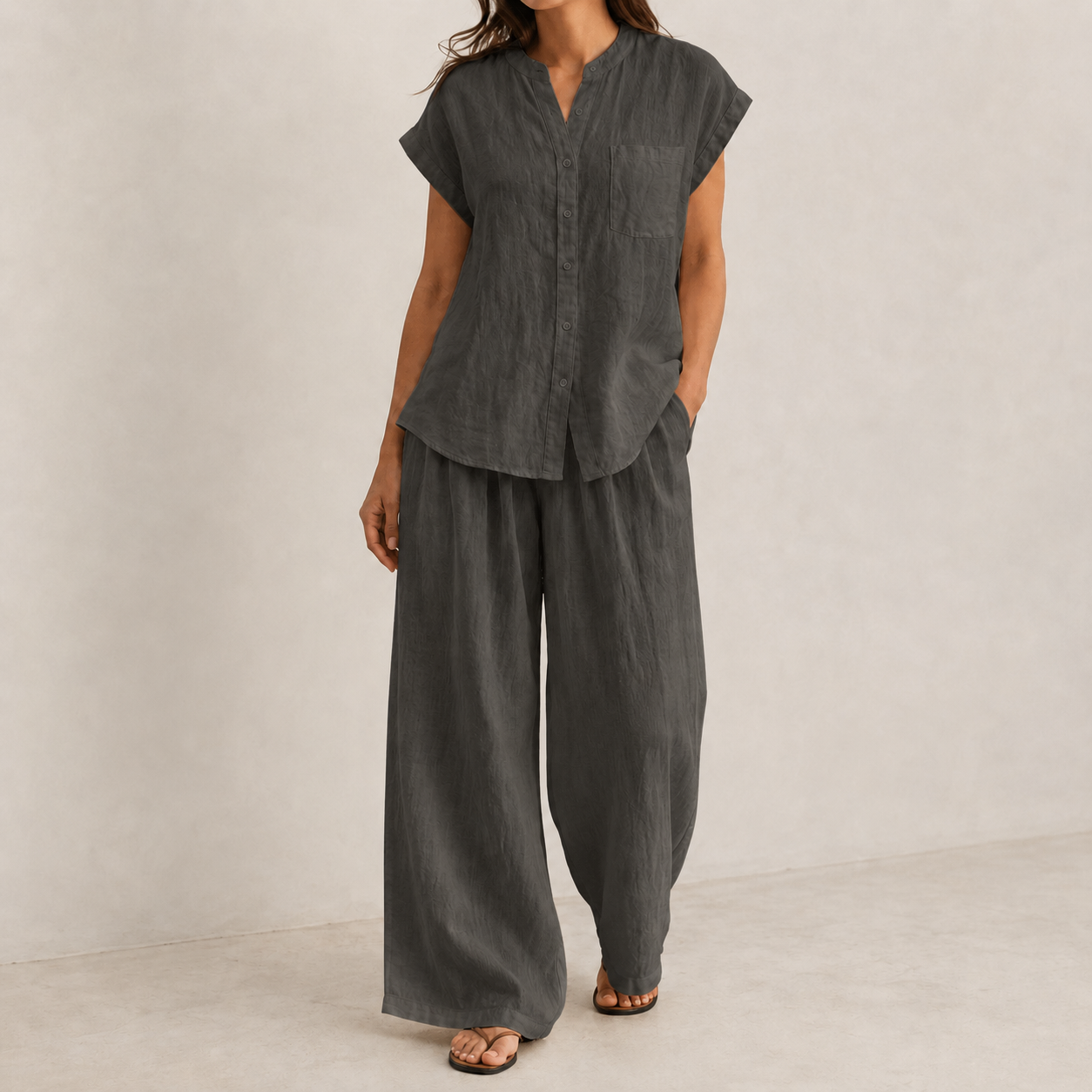 Charcoal Gray relaxed two-piece woven set