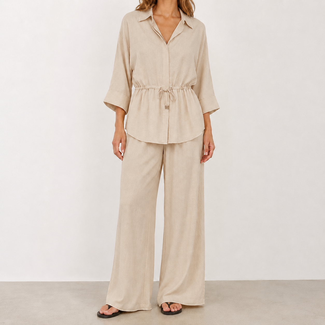 Oatmeal Beige relaxed drawstring two-piece set
