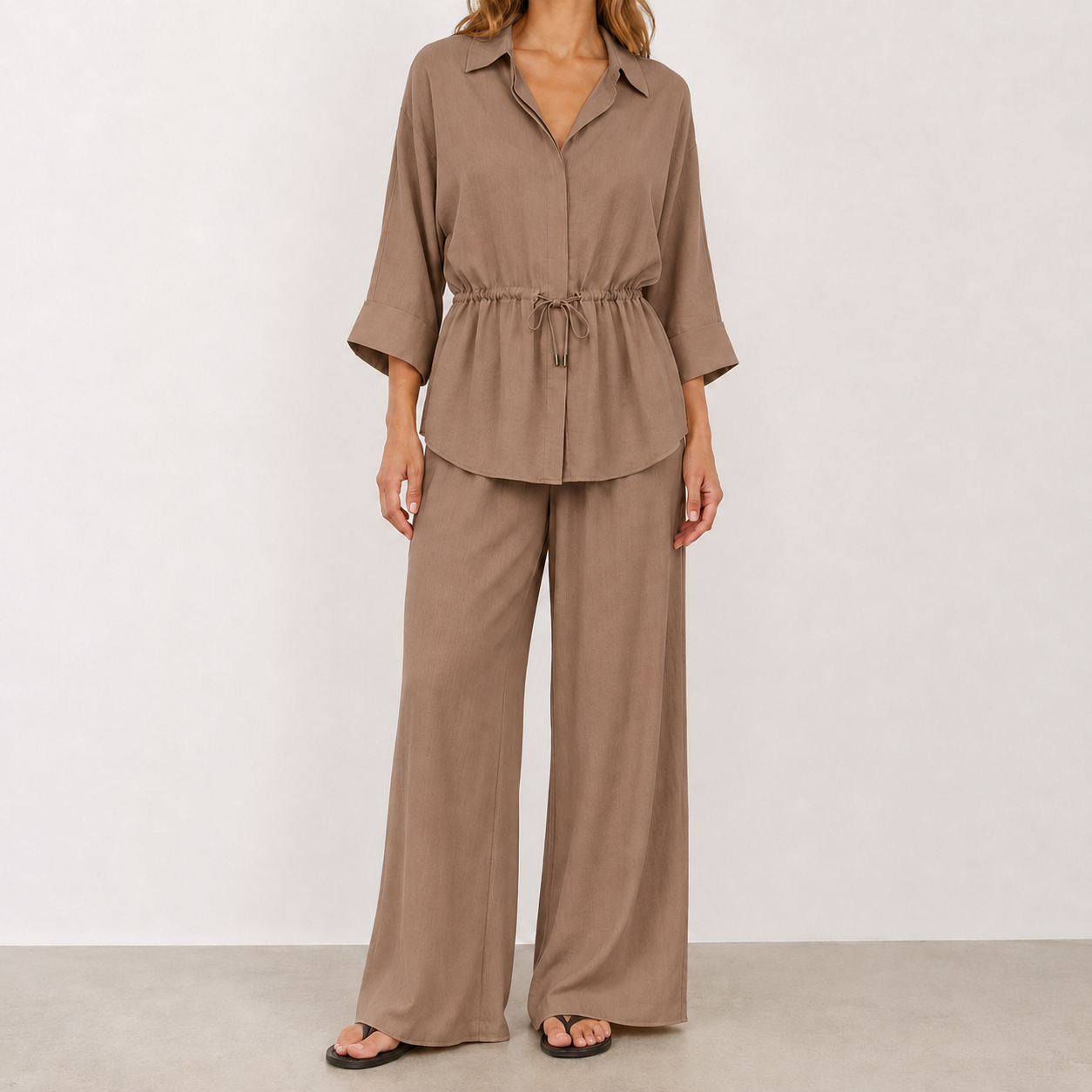 Soft Mocha relaxed drawstring two-piece set