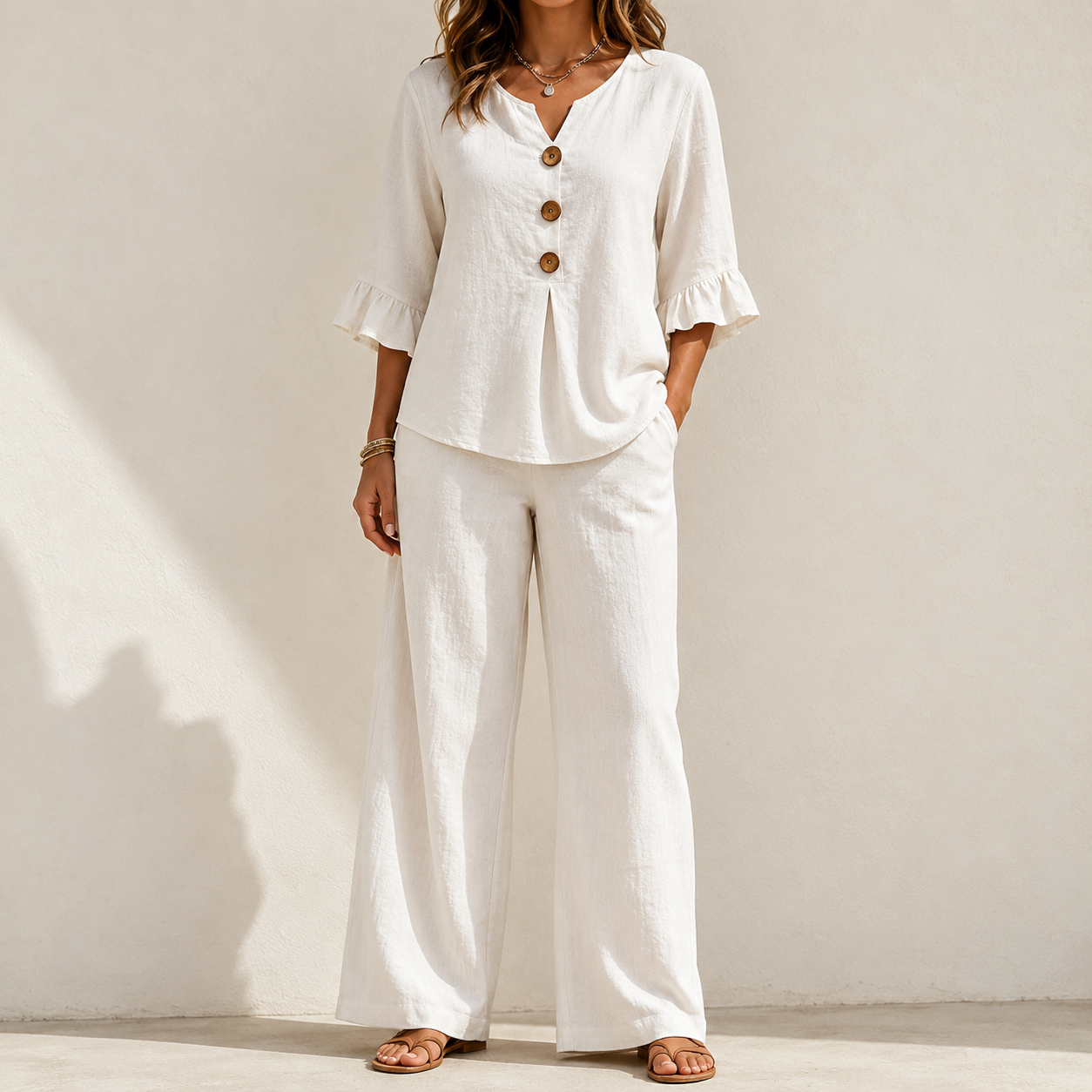 Ivory two piece wide leg pants set front view