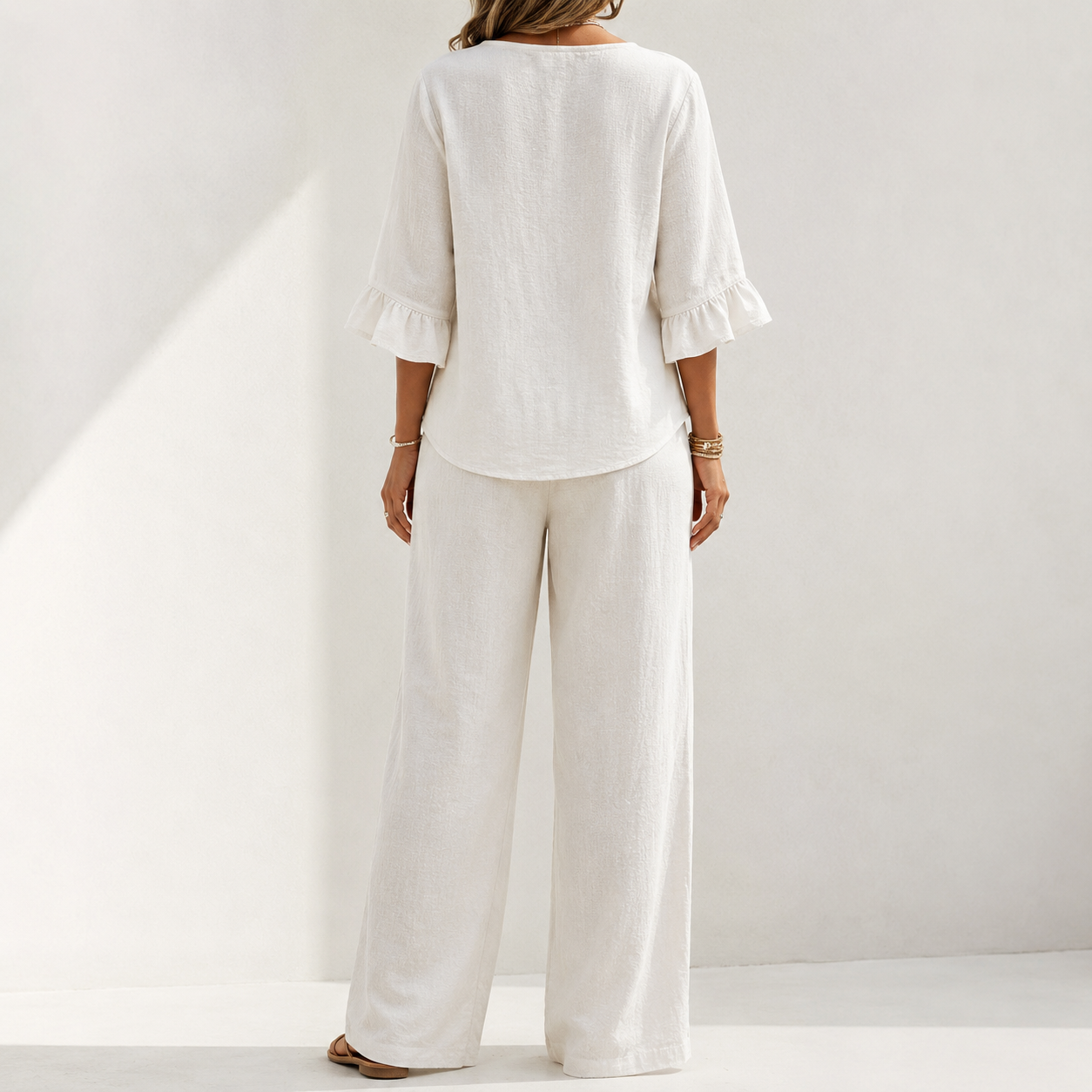 Ivory two piece wide leg pants set back view