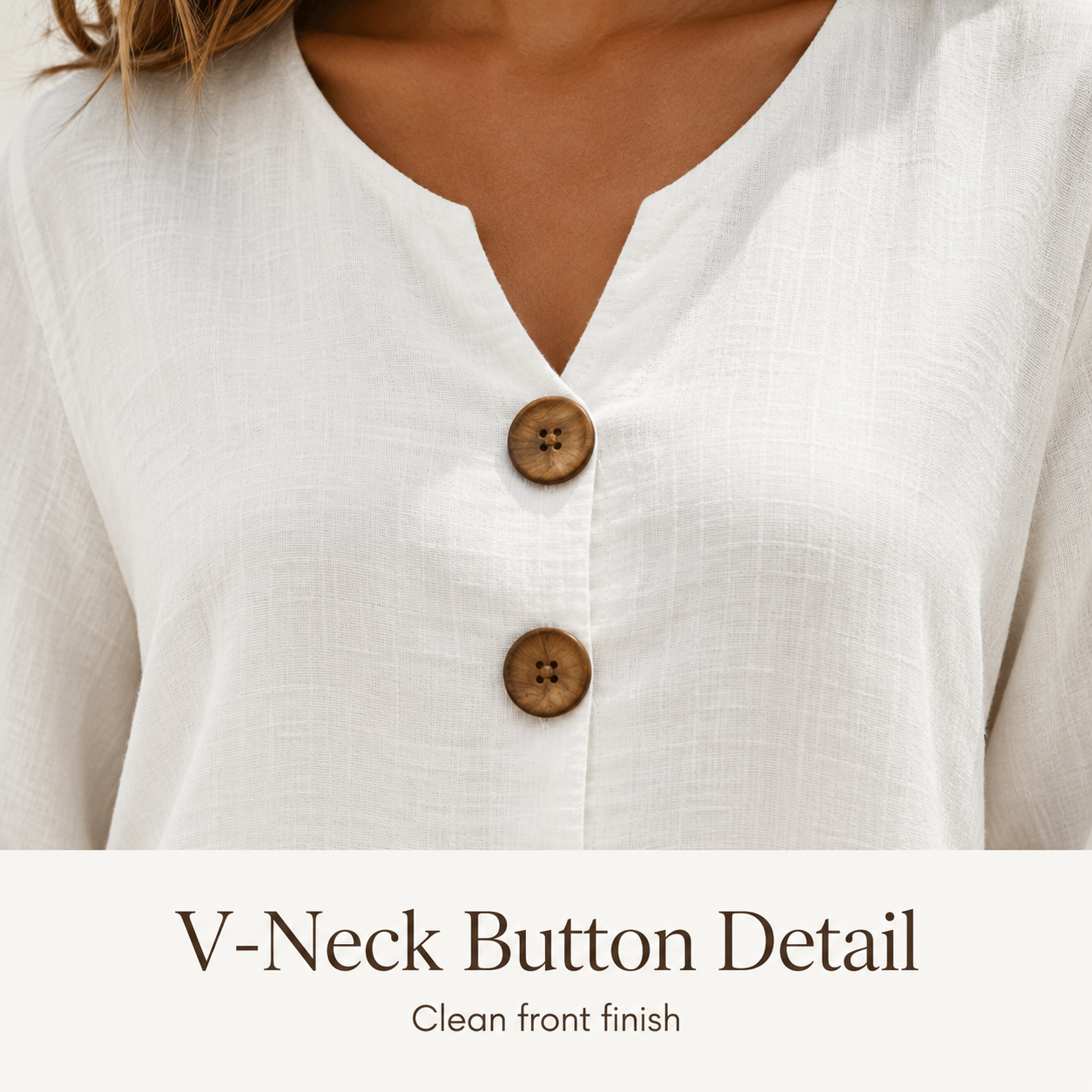 V-neck button detail on textured blouse