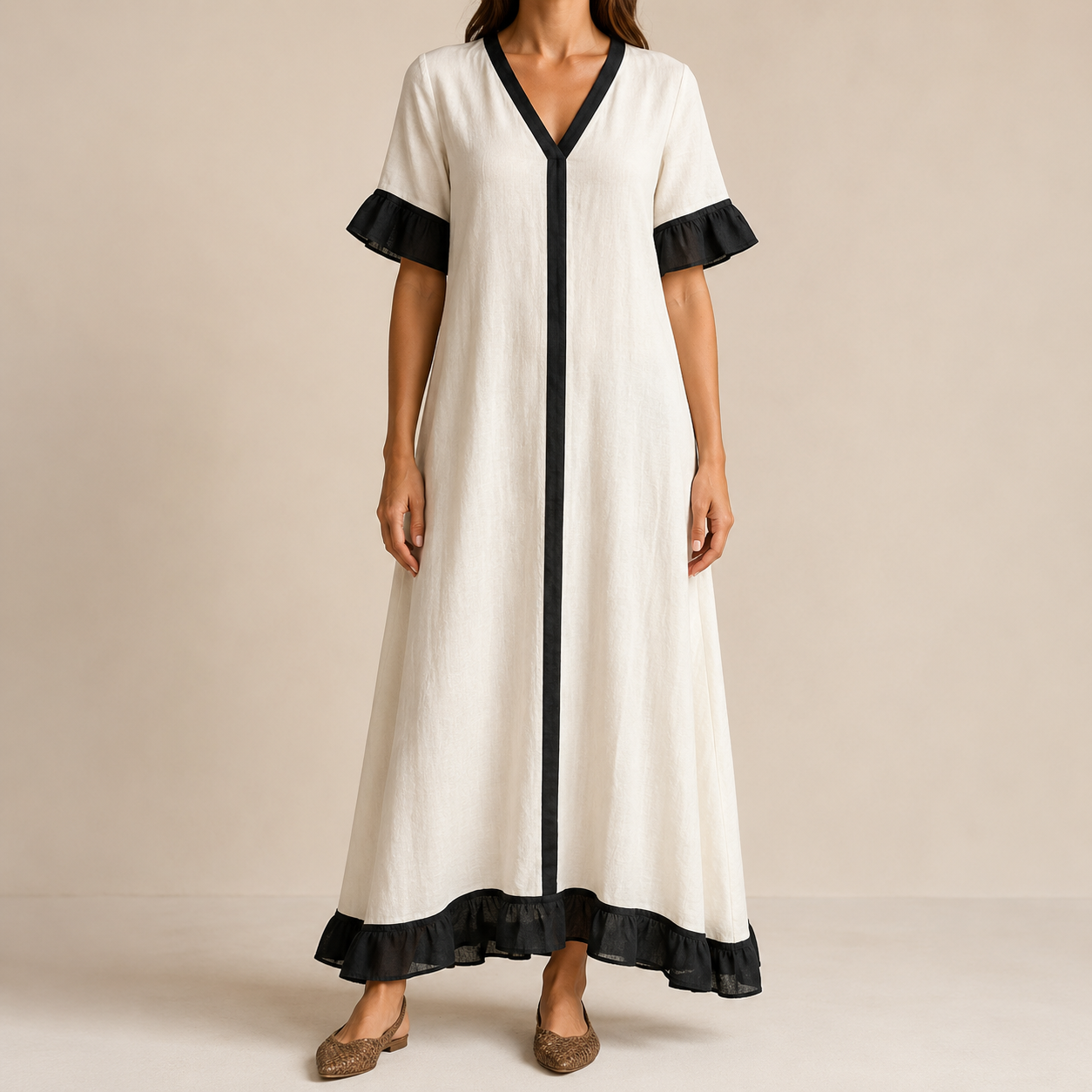 Ivory black contrast V-neck ruffle hem maxi dress front view