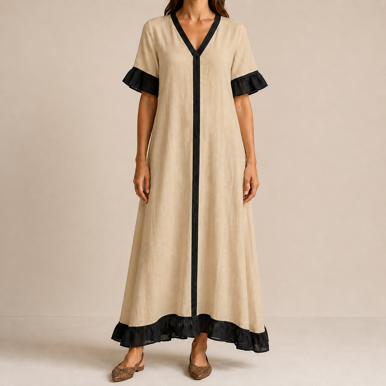 Sand black contrast V-neck ruffle hem maxi dress
