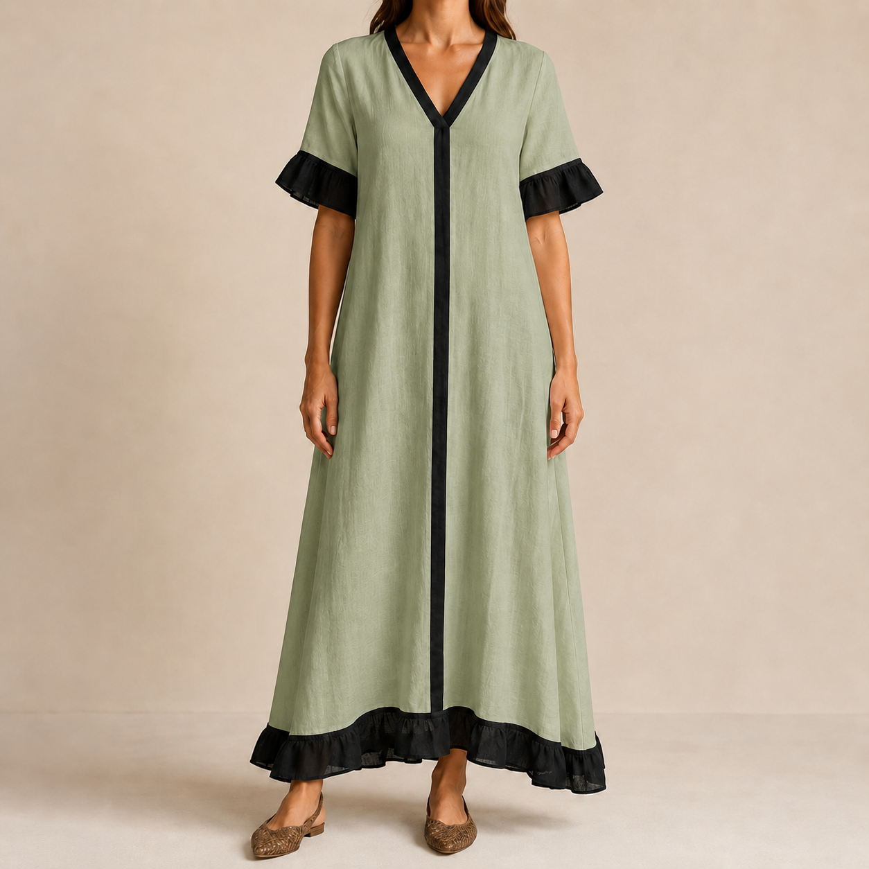 Sage black contrast V-neck ruffle hem maxi dress