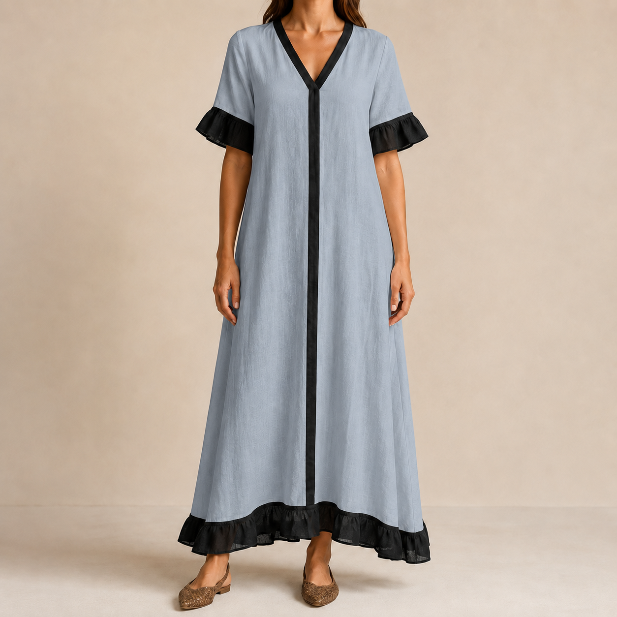 Dusty blue black contrast V-neck ruffle hem maxi dress