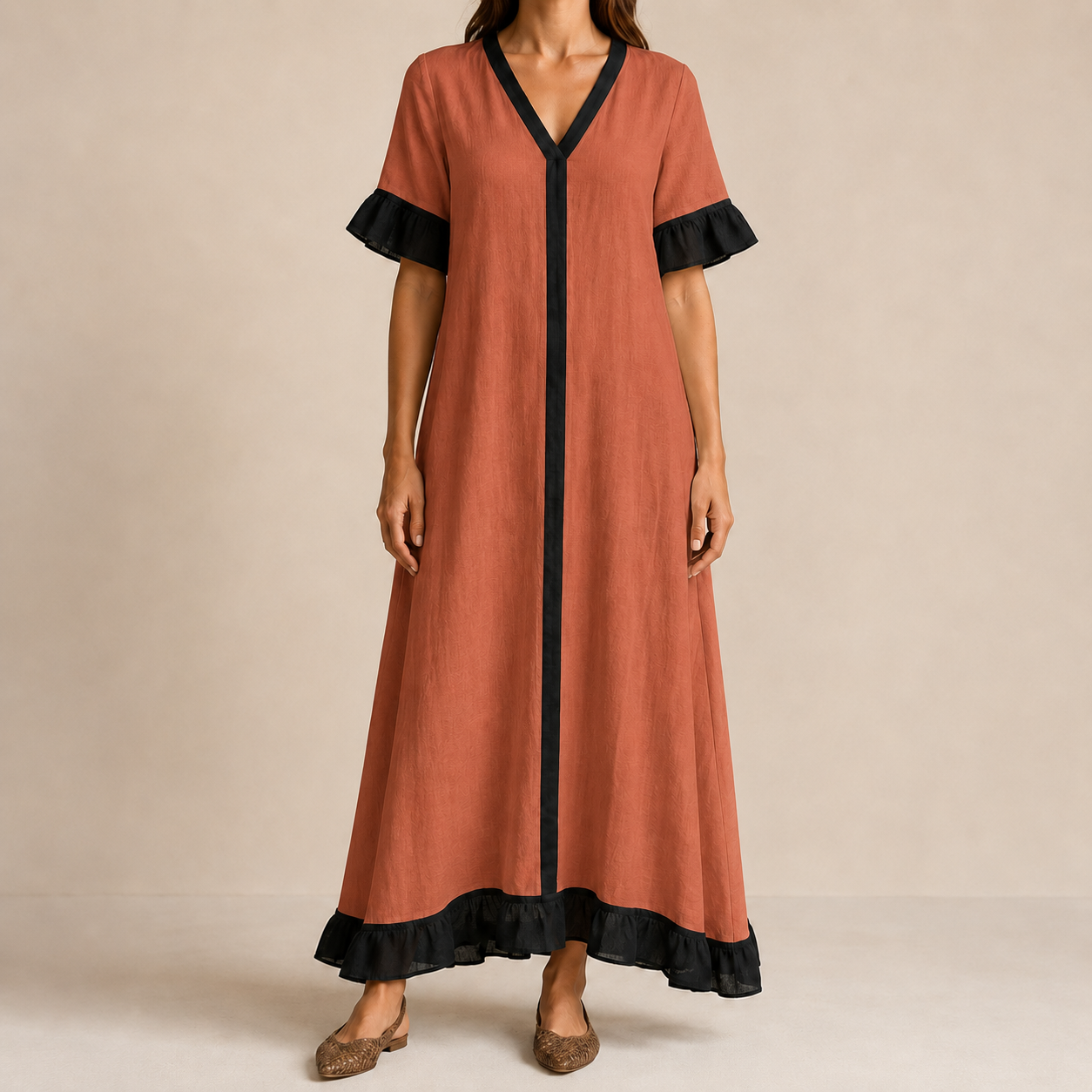 Terracotta black contrast V-neck ruffle hem maxi dress