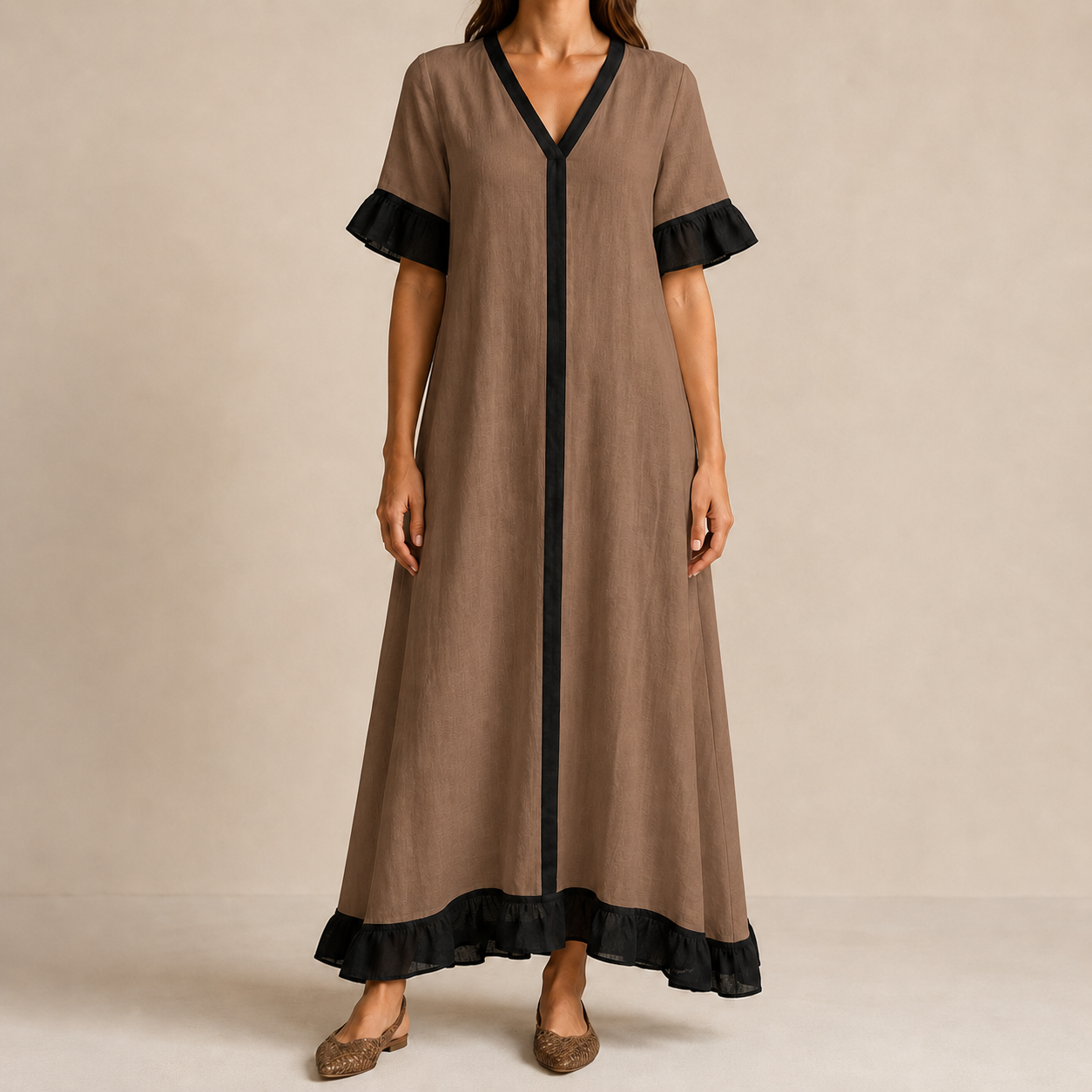Mocha black contrast V-neck ruffle hem maxi dress