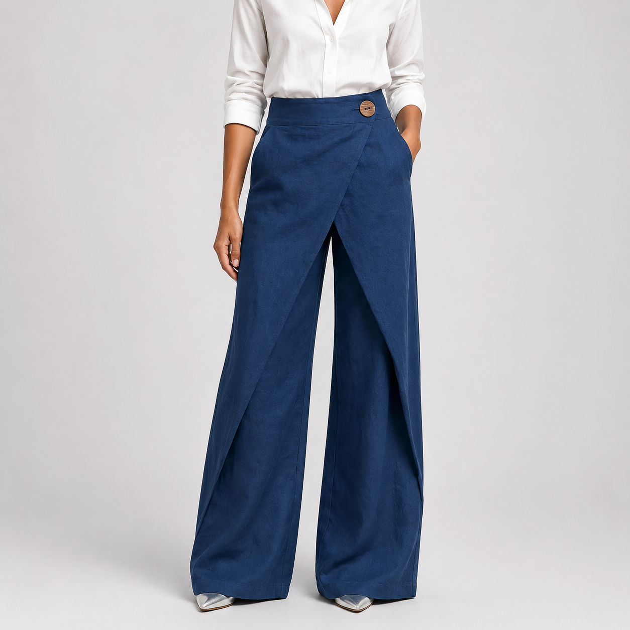Deep denim blue wrap-front wide-leg pants front view