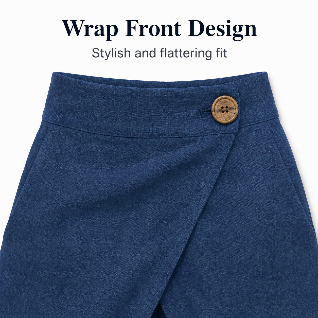 Wrap-front waistband and button detail