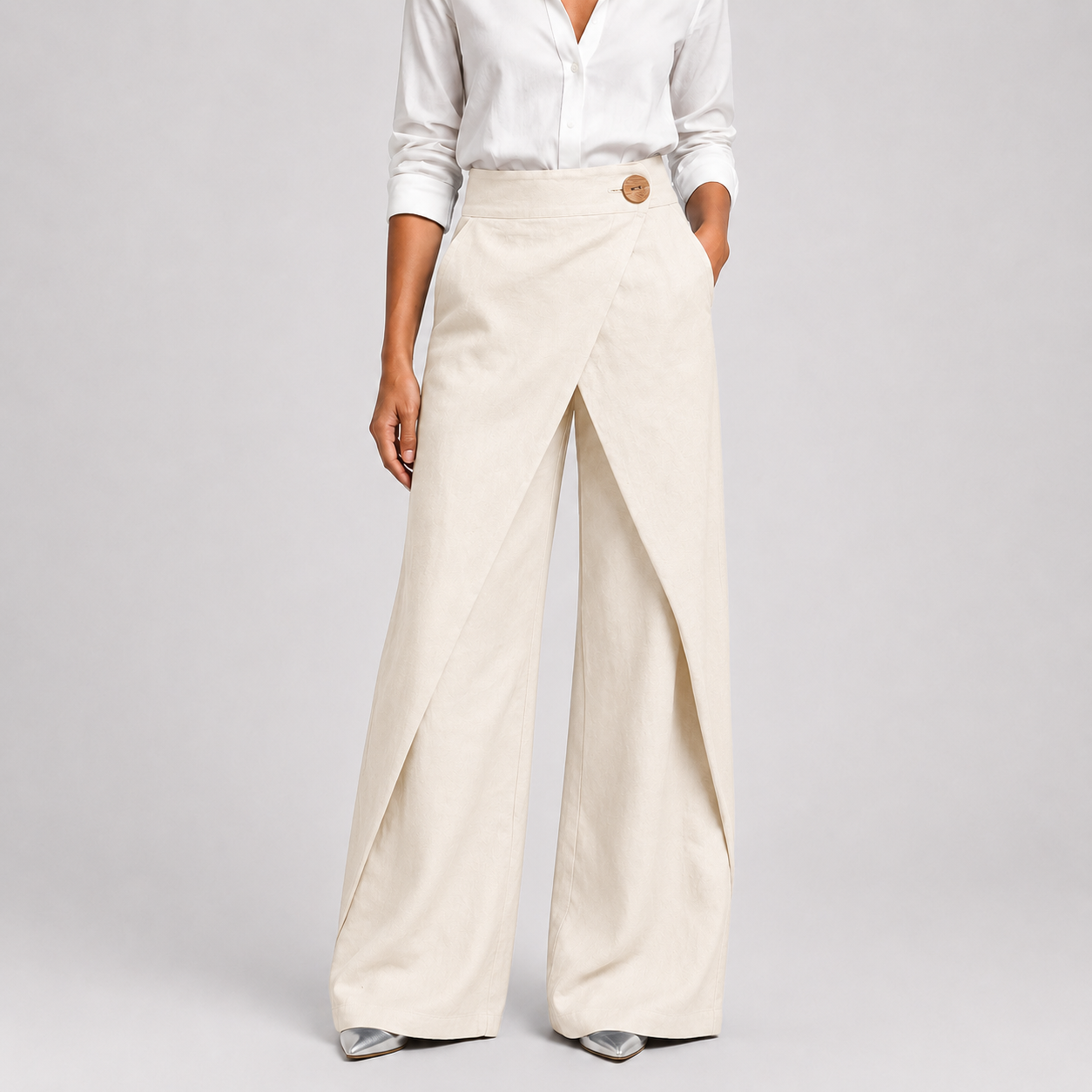 Ivory wrap-front wide-leg pants