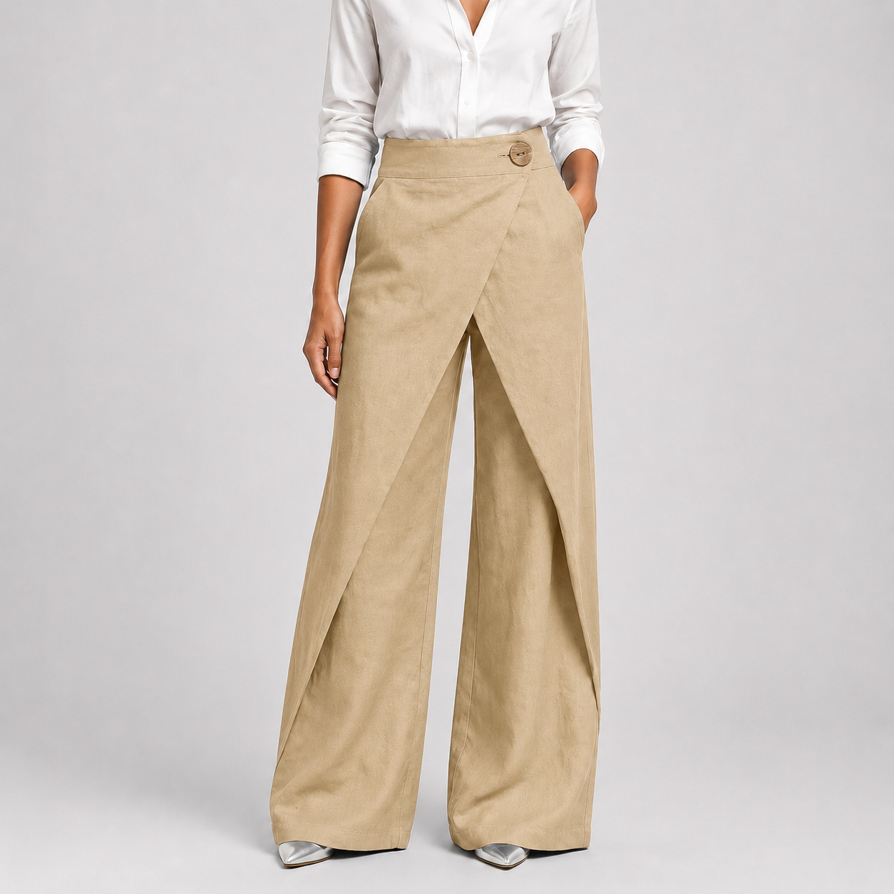 Khaki beige wrap-front wide-leg pants