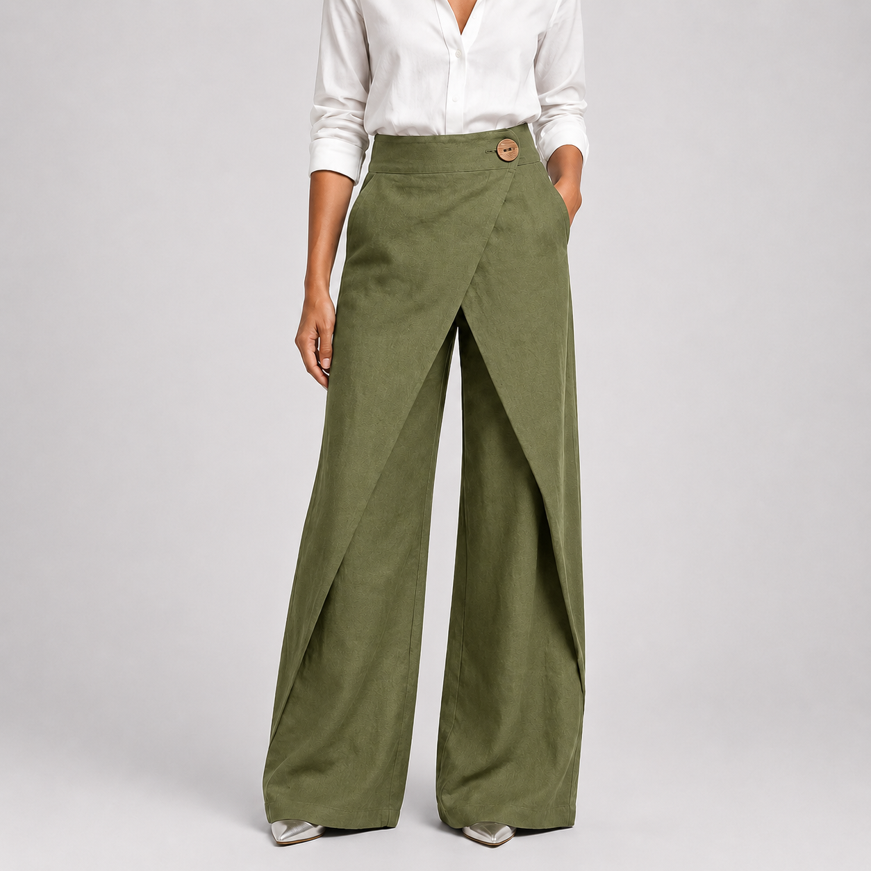 Olive green wrap-front wide-leg pants