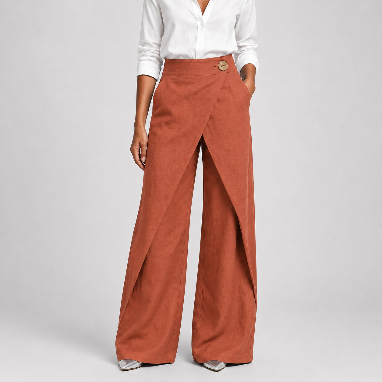Terracotta wrap-front wide-leg pants