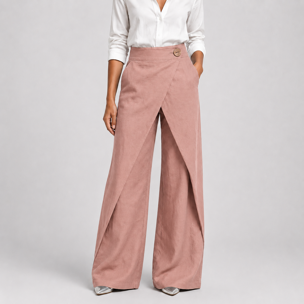 Dusty rose wrap-front wide-leg pants