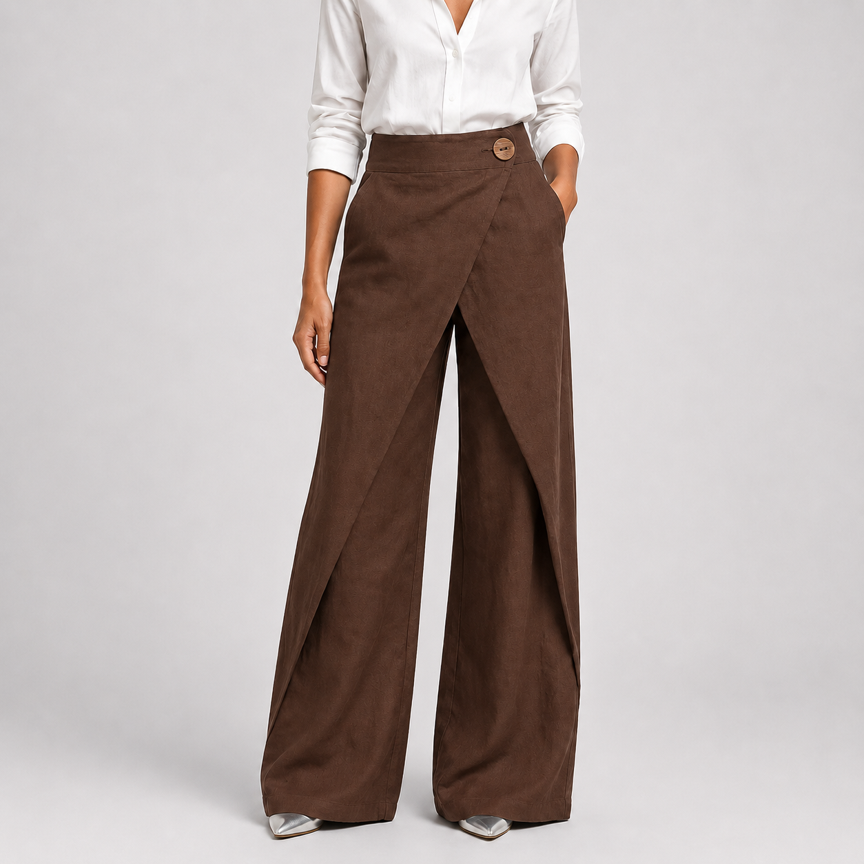 Chocolate brown wrap-front wide-leg pants
