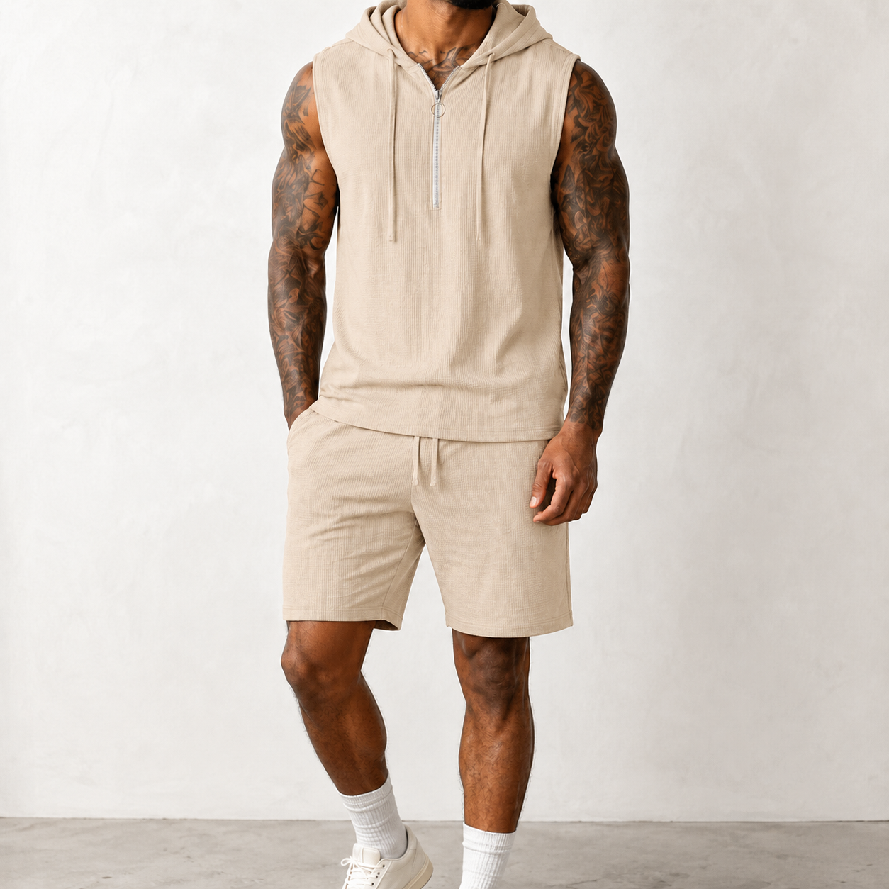 Oatmeal beige men's sleeveless half zip hoodie and shorts set