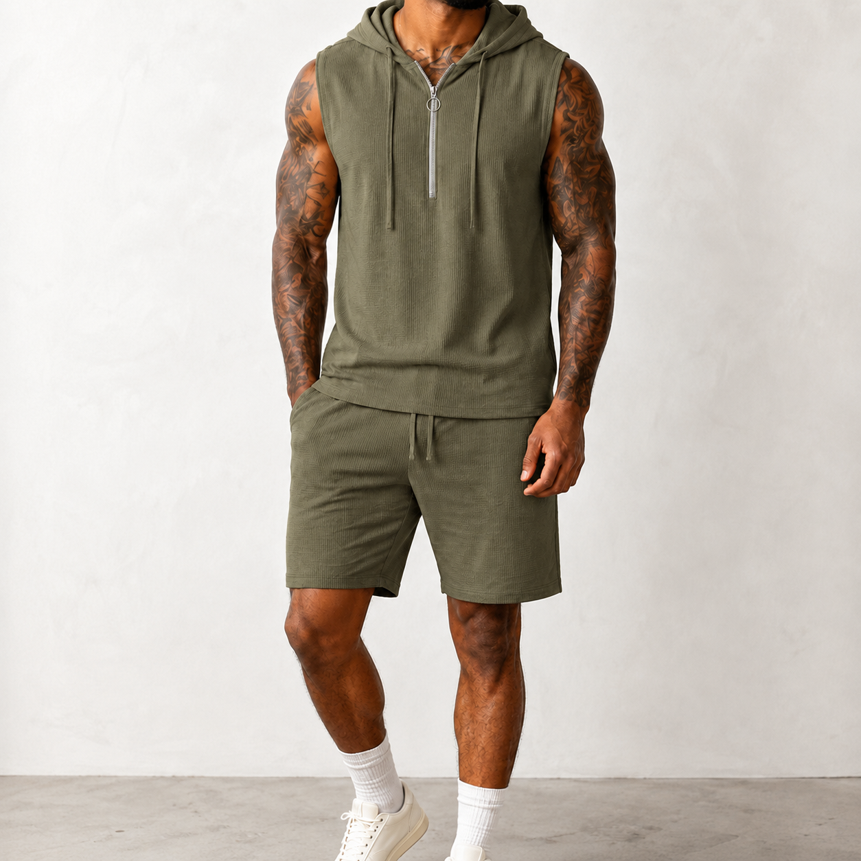 Olive drab men's sleeveless half zip hoodie and shorts set