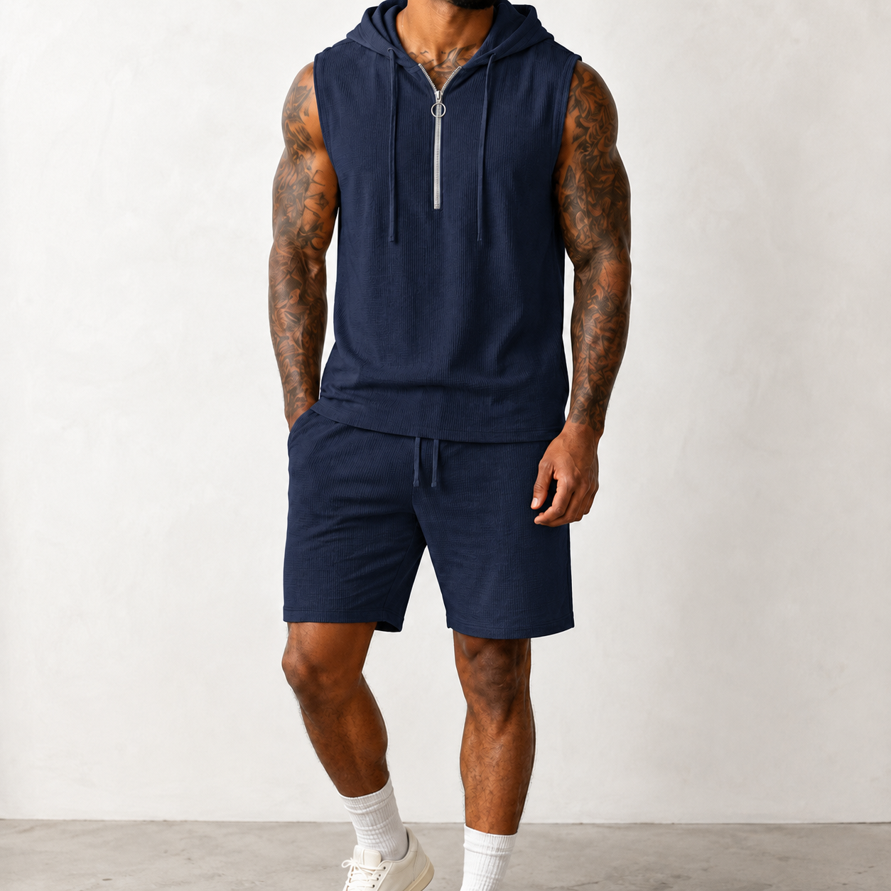 Navy blue men's sleeveless half zip hoodie and shorts set