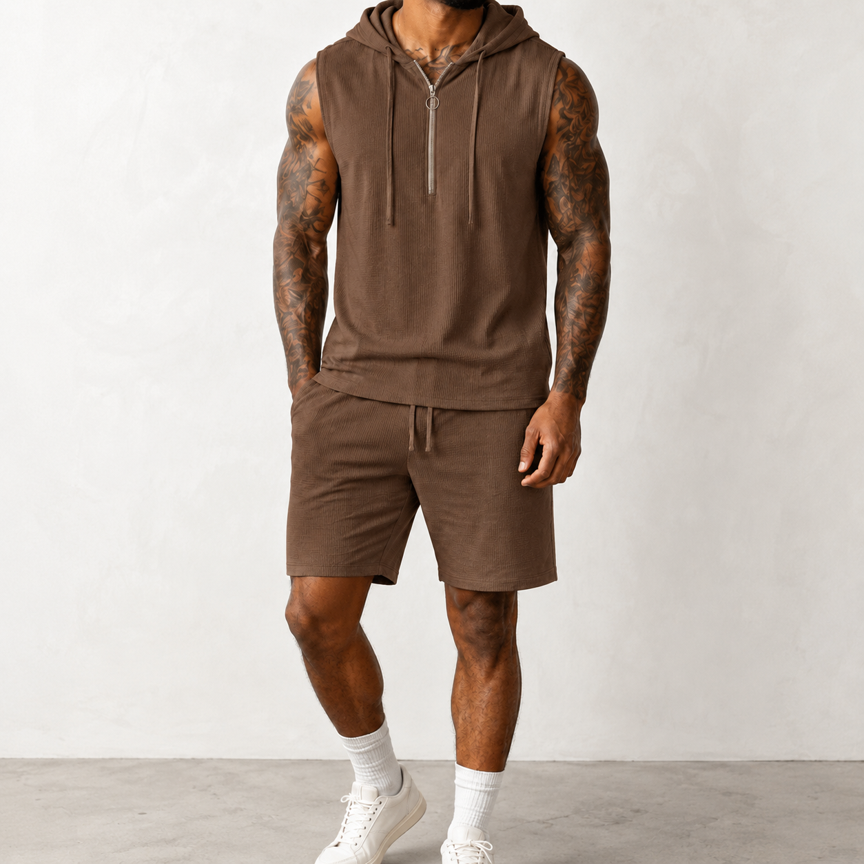 Cocoa brown men's sleeveless half zip hoodie and shorts set