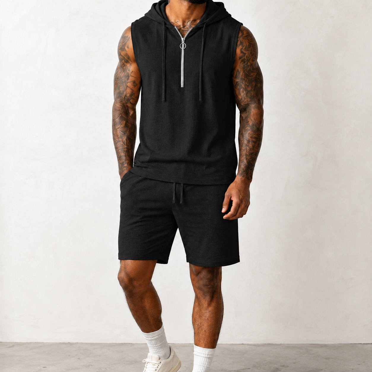 Black men's sleeveless half zip hoodie and shorts set