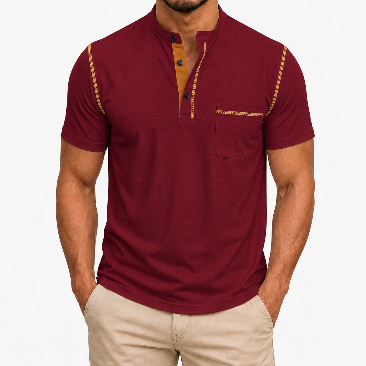 Burgundy men's Henley shirt front view