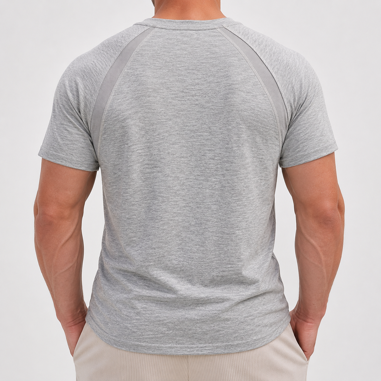 Light Heather Gray men's raglan athletic tee back view