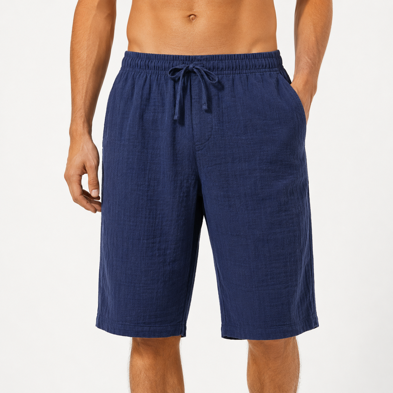 Navy blue mens textured drawstring shorts