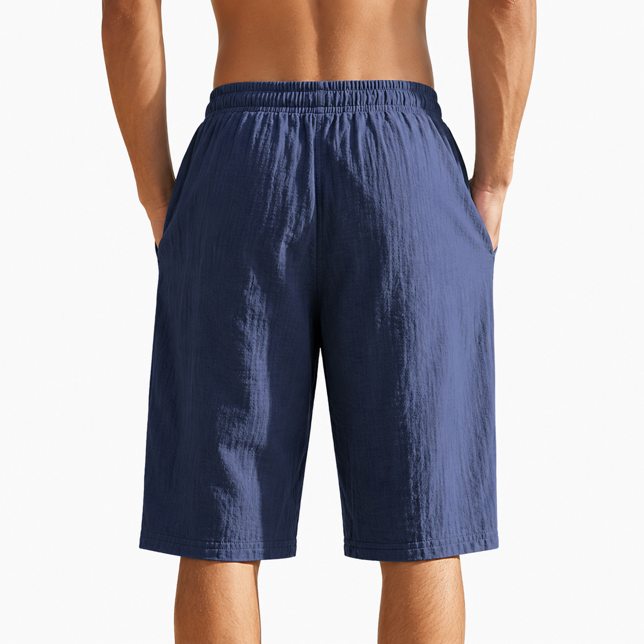 Back view of navy blue mens drawstring shorts