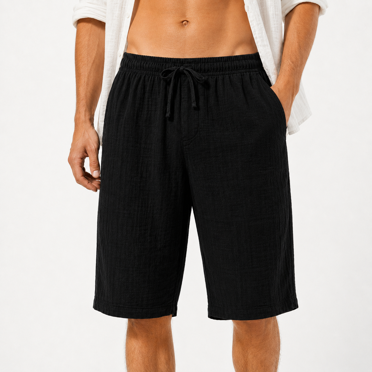Black mens textured drawstring shorts