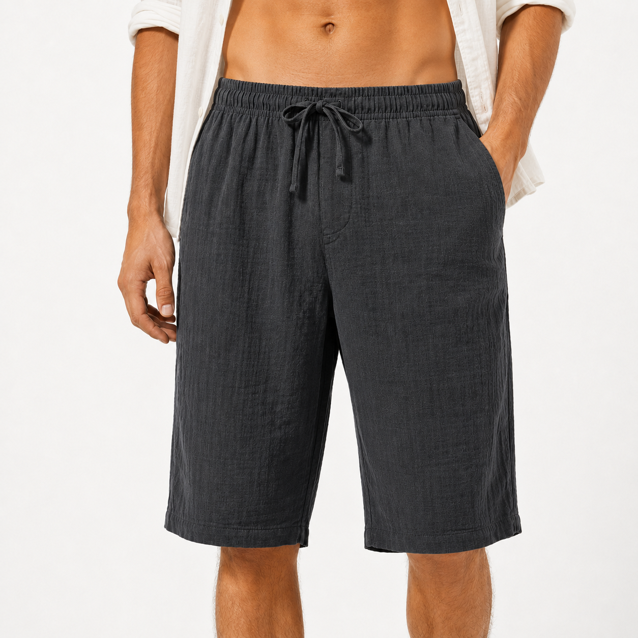 Charcoal gray mens textured drawstring shorts