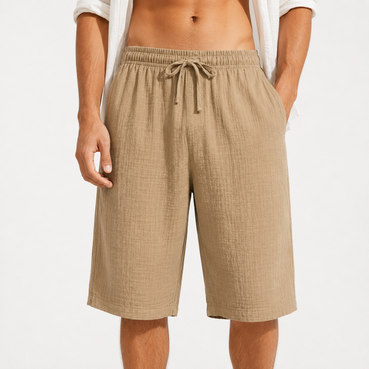 Khaki beige mens textured drawstring shorts