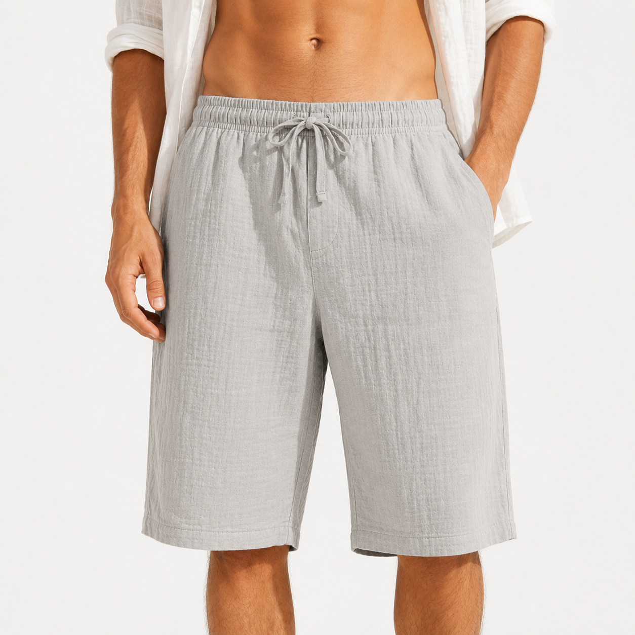 Light gray mens textured drawstring shorts