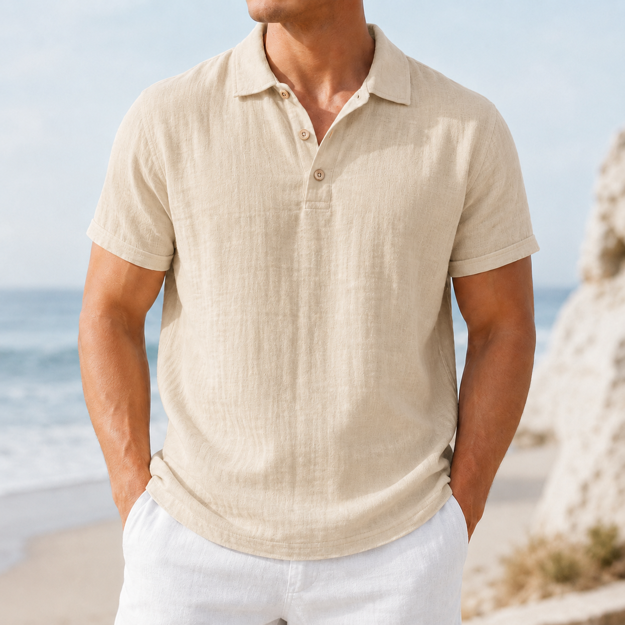 Men's oatmeal beige textured polo shirt