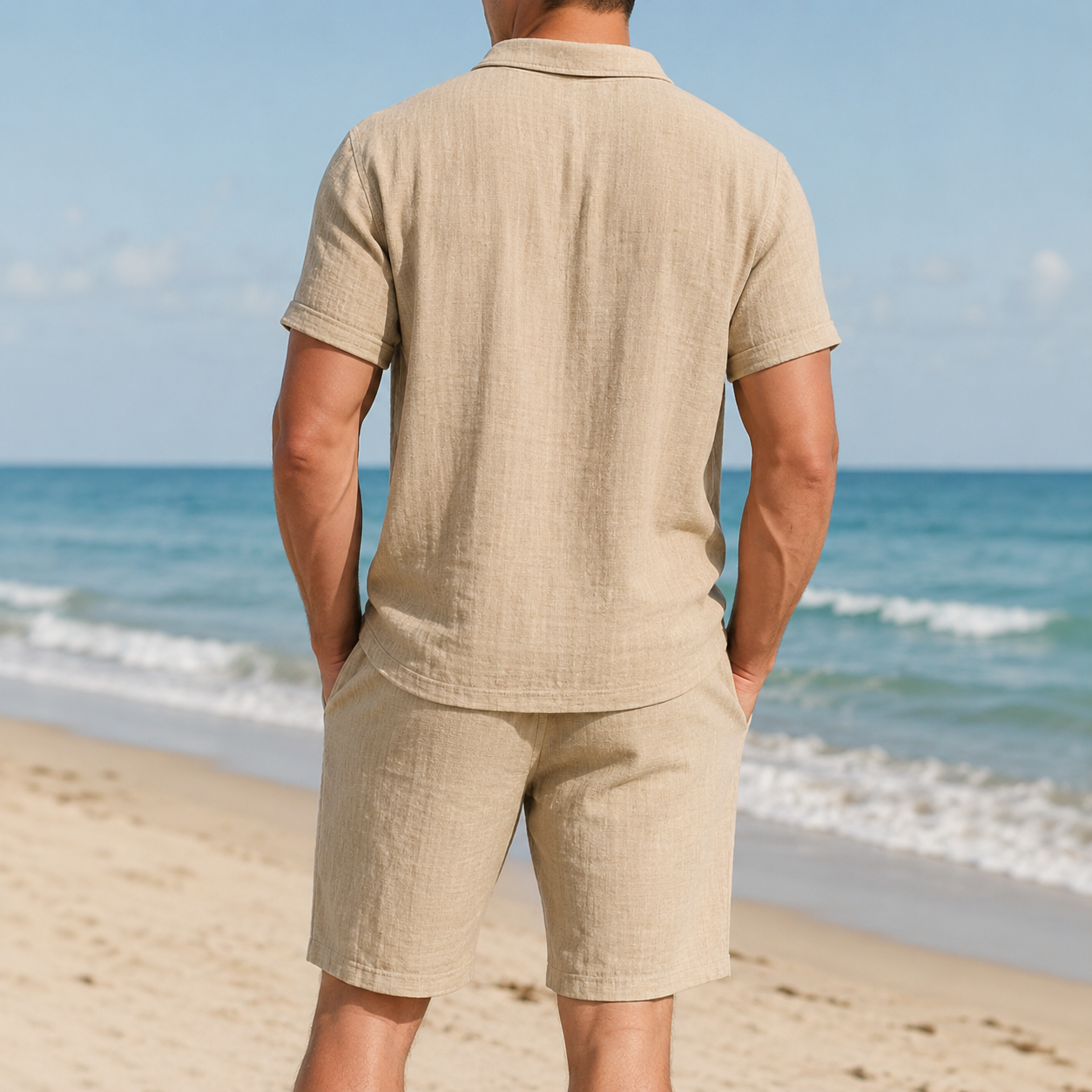 Back view of men's textured polo and drawstring shorts set