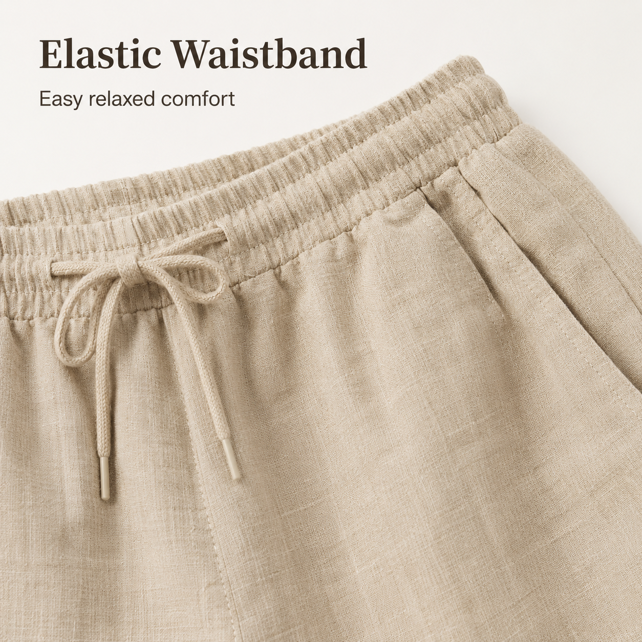 Elastic waistband and drawstring shorts detail