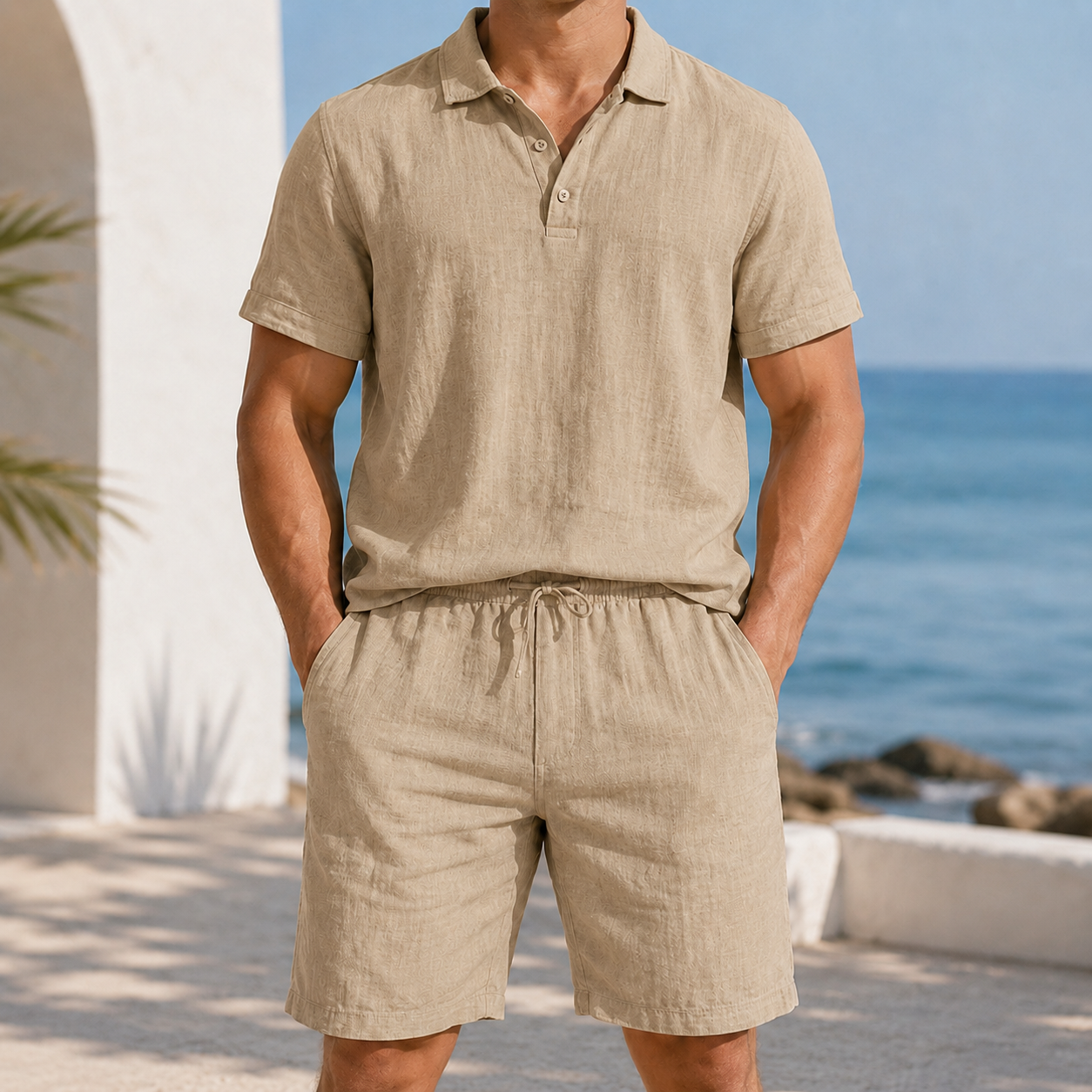 Men's textured polo and shorts set in Sand Taupe