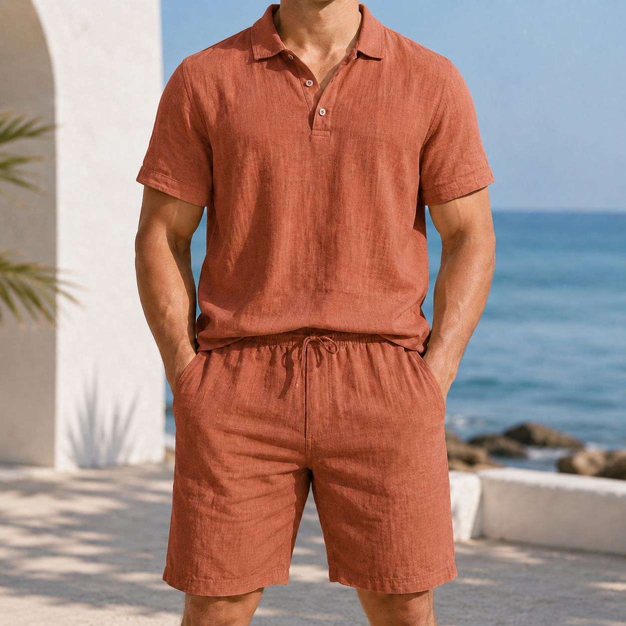 Men's textured polo and shorts set in Terracotta Clay