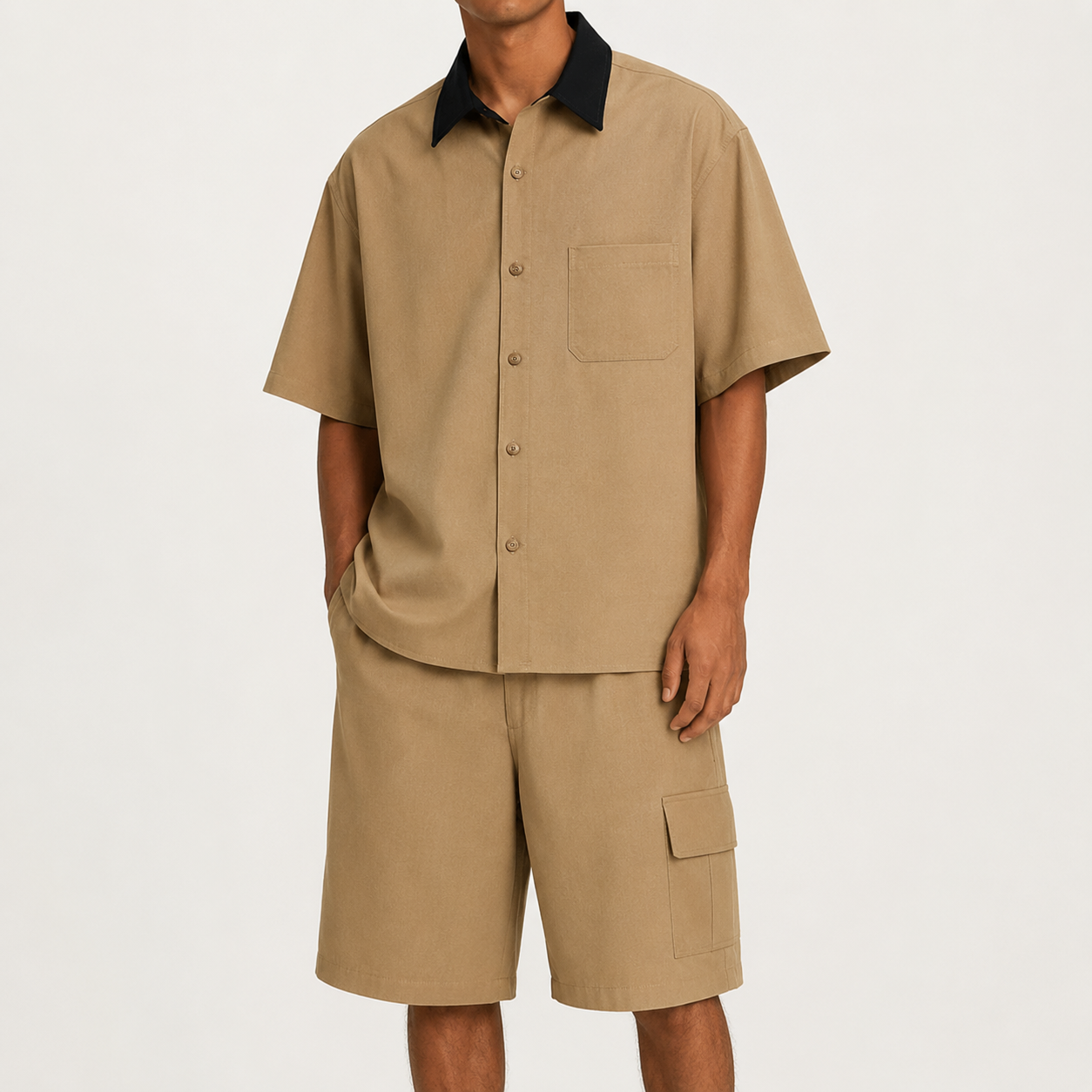 Khaki Tan men's relaxed contrast collar shirt and cargo shorts set