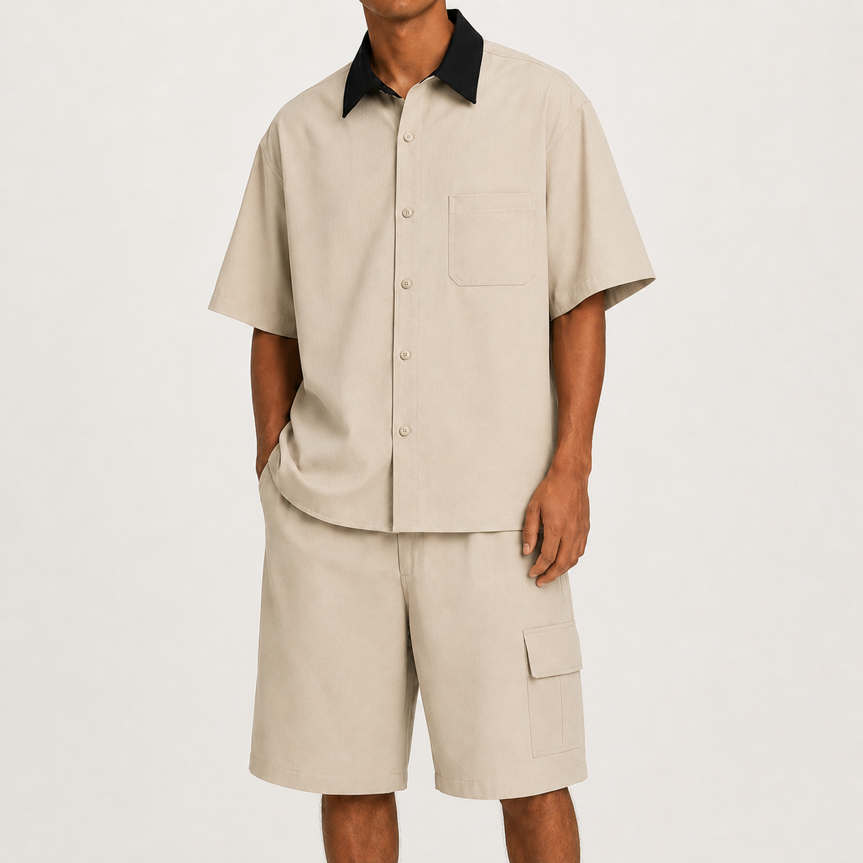 Stone Beige men's relaxed contrast collar shirt and cargo shorts set