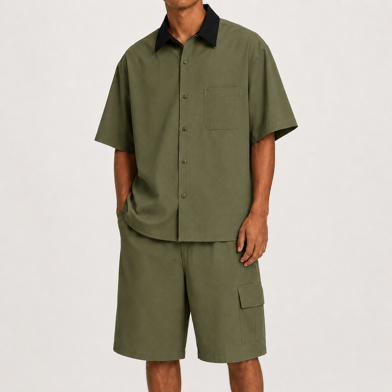 Olive Green men's relaxed contrast collar shirt and cargo shorts set